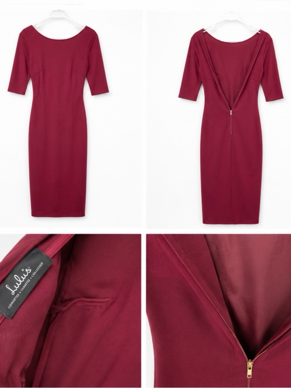 Lulu's Burgundy Scoop-Back Midi Sheath Dress shoulder pads